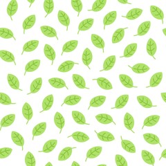 Simple seamless pattern with leaves made in linear flat style on white background. Green illustration for packaging, print, blog background, textile.