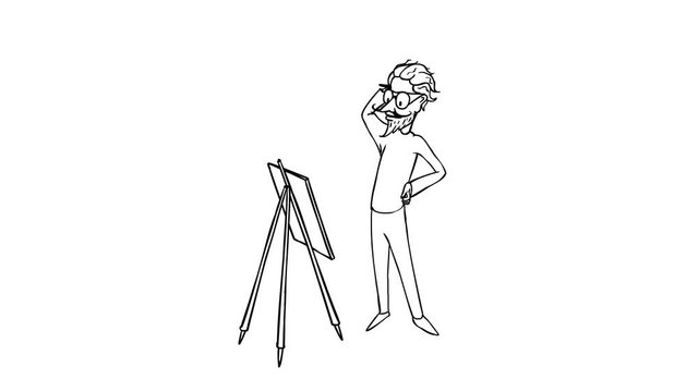 2D Cartoon character crazy artist paints a picture, admires it, and shows the picture to the viewer. Picture in the frame. Green screen - Chroma key
