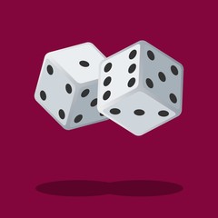 Two white dices isolated on background with shadow. Dice gambling. White cubes vector illustration