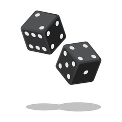 Two black dices isolated on white background with shadow. Dice gambling. Black cubes vector illustration