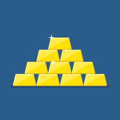Golden bars pyramid isolated on blue background. Gold bar in flat style. Vector illustration