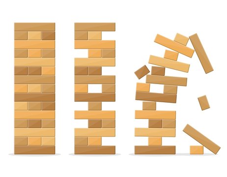 Tower games for kids and adults on white background. Wooden block stack balance risk puzzle toy. Tower balance game. Take and put process. Gambling placing block stack on a tower. Vector illustration