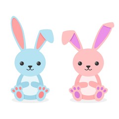 Cute rabbits sitting boy and girl isolated on white background. Little bunnies blue and pink in flay style. Vector illustration