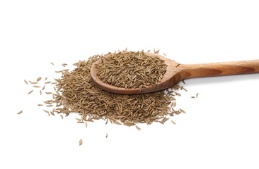 Pile of cumin seeds isolated on white background