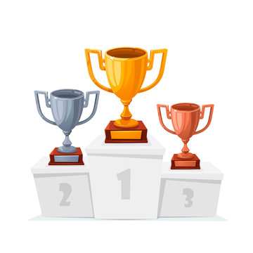 Gold, silver, bronze trophy cups. Winner goblet on podium. Cartoon style trophy cups on white pedestal isolated.. 1st, 2st, 3st place. Handing awards to winner.