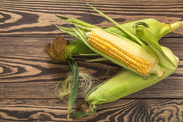 Fresh corn on cobs on rustic wooden table, top view. Dark wooden background freshly harvested organic corn.