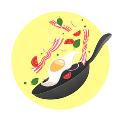 Cooking process vector illustration. Flipping fry egg in a pan. Cartoon flat style