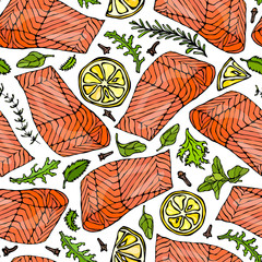 Vector Seamless Pattern of Salmon Fillet, Lemon, Herbs Rosemary, Marjoram, Parsley, Rocket Salad, Clove. Seafood Restaurant Menu. Healthy Food. Savoyar Doodle Style.