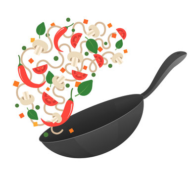 Stir Fry. Cooking Process Vector Illustration. Flipping Asian Noodles In A Pan. Cartoon Style. Flat