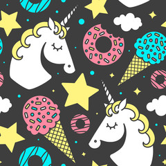 Naklejka premium Seamless pattern with unicorn on black background. Vector cute character