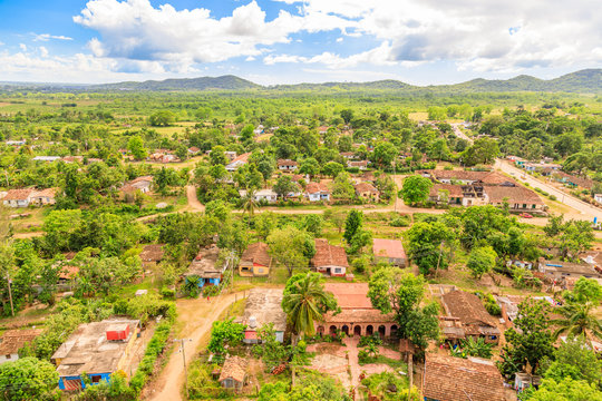 View from Manaca Iznaga tower to surrounding landscape with former slave plantations and cuban village hidden in the trees, closeto Trinidad, Cuba