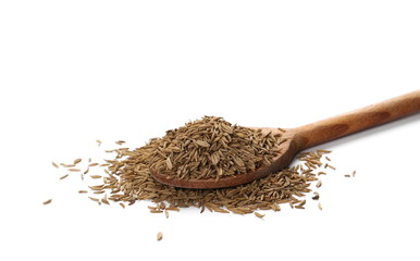 Pile of cumin seeds isolated on white background