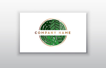 Business cards gold and colorful design, tropical leaf. Vector illustration.