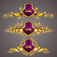 Set of golden royal shields with floral elements, ribbons, laurel wreaths for page, web design. Old frame, border, crown in vintage style for label, emblem, badge, logo. Vector illustration EPS10