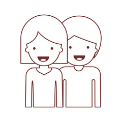 half body people and woman mushroom hairstyle and man with short hair in brown contour vector illustration