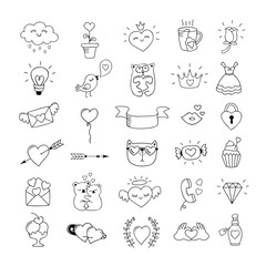 Love symbols and hand drawn Valentines day icons. Love doodles