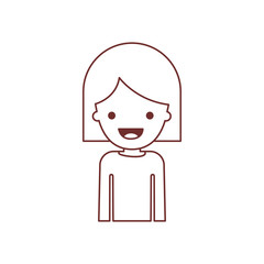 half body people with girl in t-shirt long sleeve and short hair in brown contour vector illustration