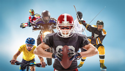 The conceptual multi sports collage with american football, hockey, cyclotourism, fencing, motor...