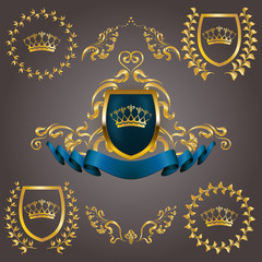 Set of golden royal shields with floral elements, ribbons, laurel wreaths for page, web design. Old frame, border, crown in vintage style for monograms, label, emblem, badge, logo. Illustration EPS10