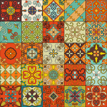 Seamless pattern with portuguese tiles in talavera style. Azulejo, moroccan, mexican ornaments.