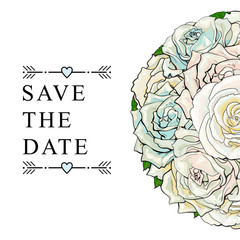 Vector sketch illustration save the date template. White rose flower bouquet with closed opened blossom leaves pattern. Floral natural decoration background, backdrop element fabric textile design