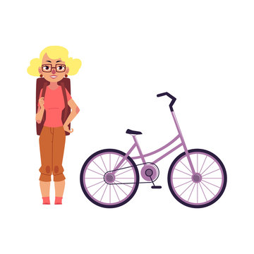 vector flat young girl, woman hiking tourist smiling wearing backpack near bicycle. Active lifestyle, travelling and adventure concept. Isolated illustration on a white background.