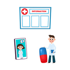 vector flat adult male doctor, physician in white medical clothing gown holding big huge pill, clipboard, woman doctor in smartphone, information board icons. Isolated illustration white background.