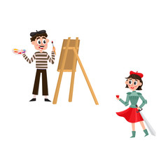 vector flat french parisian culture, traditional people. Woman wearing traditional clothing, joan of arc costumes, drinking wine, man artist drawing with brush at canvas. Isolated illustration