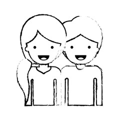 half body people with woman with pigtail hairstyle and man with short hair in black blurred contour vector illustration