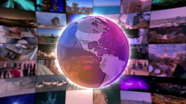 Stylish Shiny Colorful Glass Metal or Metallic Globe Animation Spinning in Front of a moving Wall of Screens Version 1 Seamless Loop Video Backdrop Animated Motion Background Purple Violet Pink