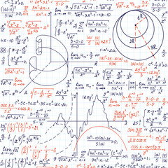 Mathematical vector seamless pattern with formulas, plots and figures, "handwritten with pen on grid copybook paper", different colors