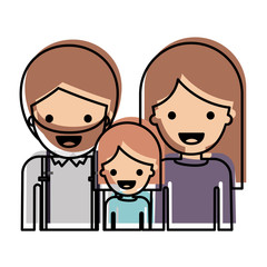 half body people with man with beard and girl and woman with long straight hair in watercolor silhouette with thick contour vector illustration