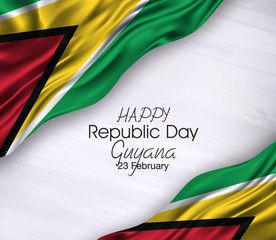  Vector illustration of  Happy Guyana republic Day 23 Februay. Waving flags isolated on gray background.