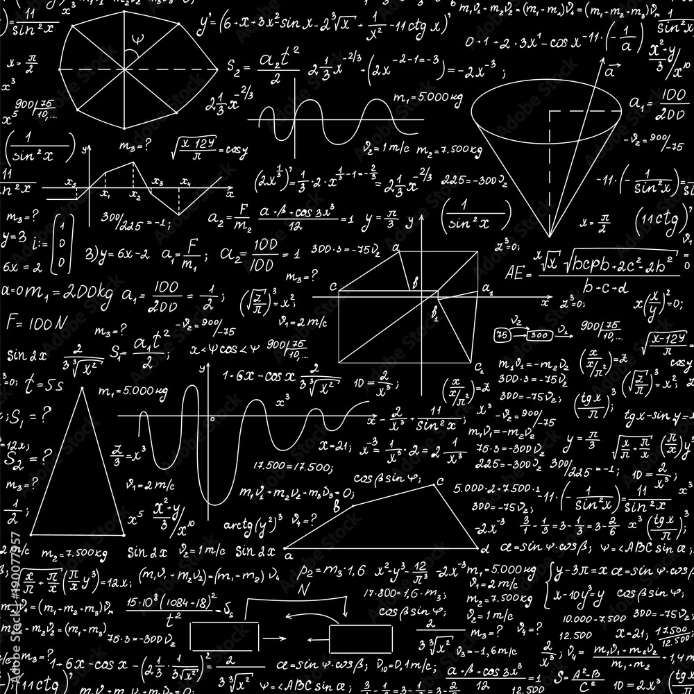 Wall mural mathematical vector seamless endless texture with formulas, figures and equations, handwritten with 