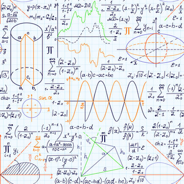Math vector seamless pattern with equations, figures, formulas, plots and other calculations, handwritten on grid copybook paper, different colors