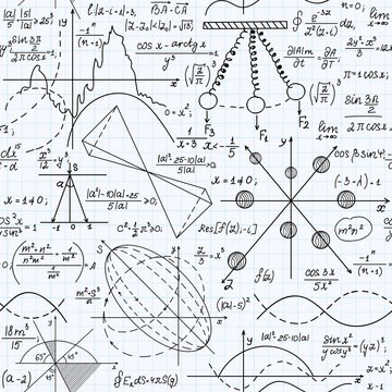 Math vector seamless pattern with geometrical figures, plots and formulas, "handwritten on a white grid copybook paper". Endless scientific texture