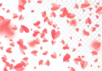 Falling red and pink confetti hearts isolated on transparent background.