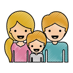 half body people with woman with pigtail hairstyle and man and boy both with short hair in colored crayon silhouette vector illustration