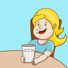 cartoon little girl drinking a milk, vector illustration