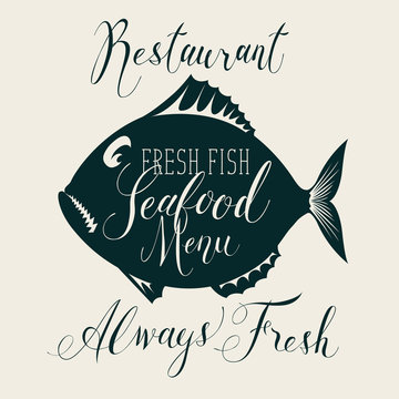 Vector seafood menu for restaurant or shop with decorative fish, handwritten inscriptions and words fresh fish on the beige background in retro style.