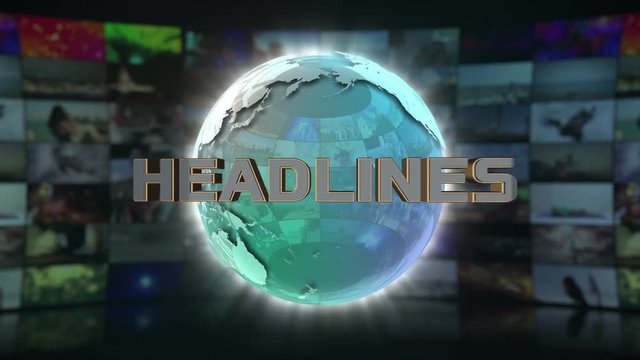  Headlines On Screen 3D Animated Text Graphics Over Spinning Animated Glass Globe News Broadcast Graphic Title Animation Seamless Looping Motion Background Video Backdrop Green Turquoise