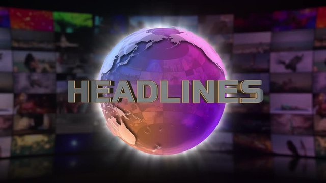  Headlines On Screen 3D Animated Text Graphics Over Spinning Animated Glass Globe News Broadcast Graphic Title Animation Seamless Looping Motion Background Video Backdrop Purple Violet Pink