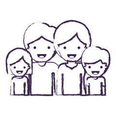 half body people with woman and girl and man and boy with short hair in blue blurred contour vector illustration