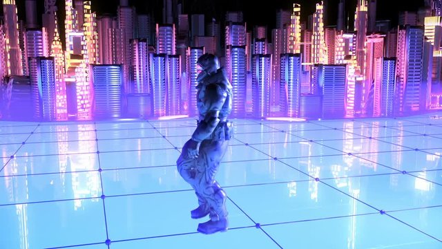Futuristic soldier on a future city background.