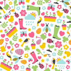 Seamless pattern with spring design elements on white background