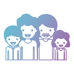 Obraz na płótnie Canvas half body people with woman and girl wavy hair and man with beard and boy with short hair in degraded blue to purple color silhouette vector illustration