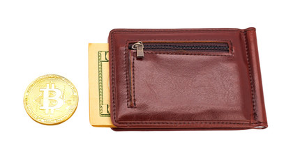Leather wallet with paper money and gold bitcoin