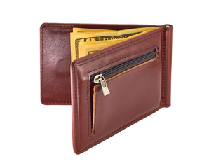 brown leather wallet with money isolated on white background