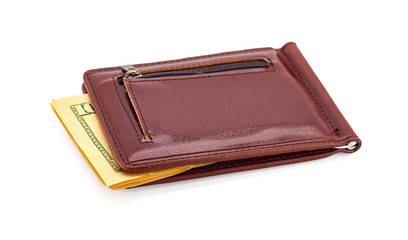 brown leather wallet with money isolated on white background