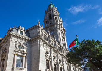 Fototapeta na wymiar Architectural fragments of the City Hall building (Camara Municipal do Porto). City Hall - a Neoclassical building in Porto, Portugal.